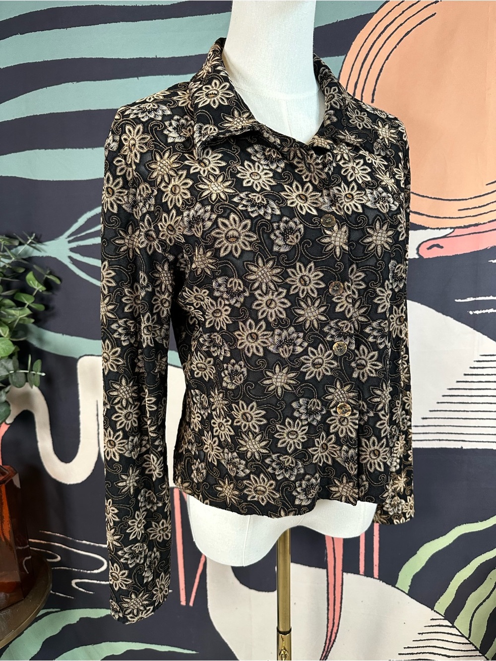 Vintage Selena Q Long Sleeve Black and Brown Mesh Button Up RARE